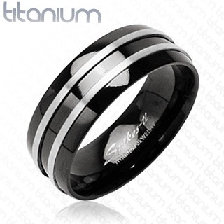 Čierny prsteň z titánu - dva  tenké pásy striebornej farby J1.9 - Veľkosť: 57 mm
