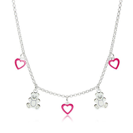 Detský strieborný 925 náhrdelník - kontúry srdiečok s ružovou glazúrou a lesklé medvedíky Z23.20