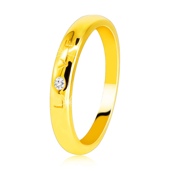Diamantová obrúčka v žltom 585 zlate - nápis "LOVE" s briliantom