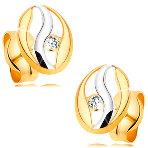 Diamantové náušnice v 14K zlate - obrys oválu s vlnkou z bieleho zlata