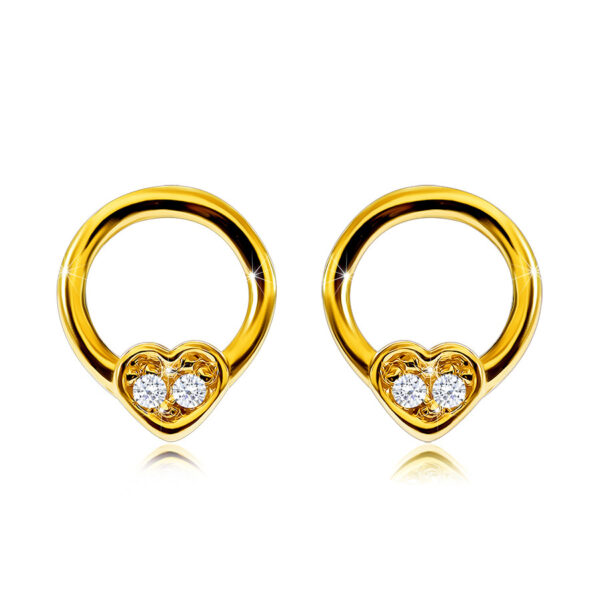 Diamantové náušnice zo žltého 9K zlata - úzky krúžok s malým srdcom