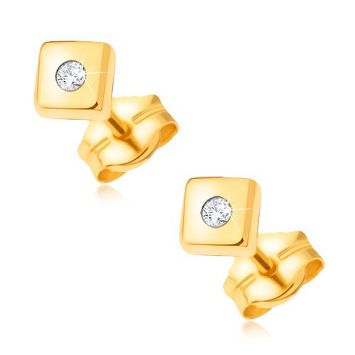 Diamantové zlaté náušnice 585 - lesklé štvorce s drobným čírym briliantom v strede BT500.08