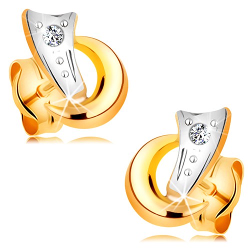 Dvojfarebné náušnice v 14K zlate - dva oblúčiky a trblietavý diamant čírej farby BT177.09