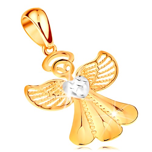 Dvojfarebný prívesok zo 14K zlata - lesklý anjel s filigránovými krídlami a srdiečkom GG195.12