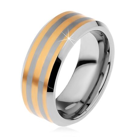 Dvojfarebný tungstenový prsteň s troma pásikmi zlatej farby