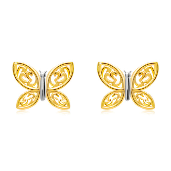 Náušnice zo 14K kombinovaného zlata - dvojfarebný motýľ s vyrezávanými krídlami