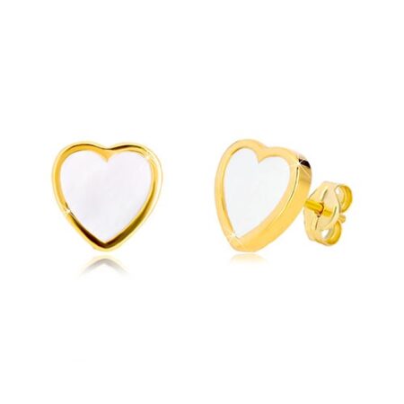 Náušnice zo žltého 14K zlata - kontúra symetrického srdca s prírodnou perleťou GG37.30