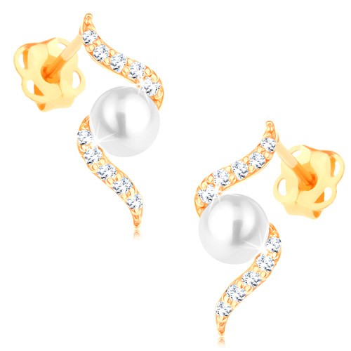 Náušnice zo žltého 14K zlata - trblietavá špirála s perlou bielej farby GG106.09