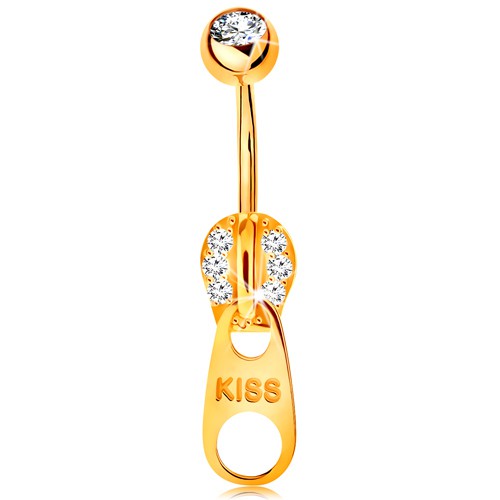 Piercing do bruška v žltom 14K zlate - zips zdobený zirkónikmi a nápisom KISS GG184.51