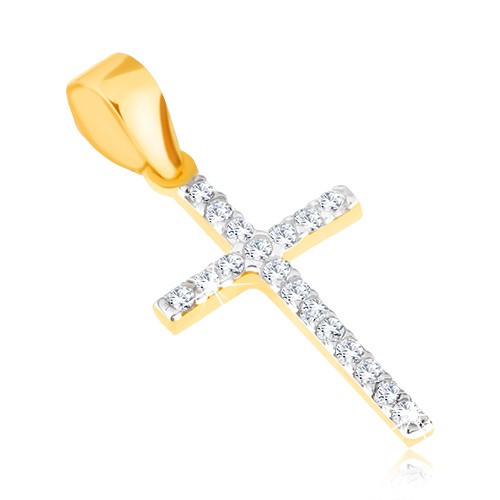 Prívesok v žltom 14K zlate - tenký trblietavý latinský kríž