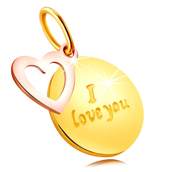 Prívesok z kombinovaného 375 zlata - okrúhla známka s nápisom "I love you"