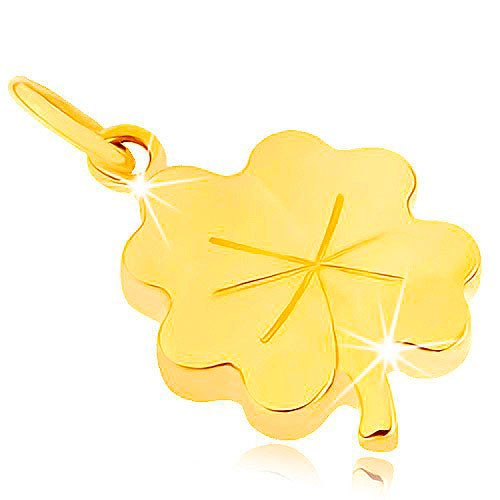 Prívesok zo žltého 9K zlata - lesklý plochý štvorlístok pre šťastie