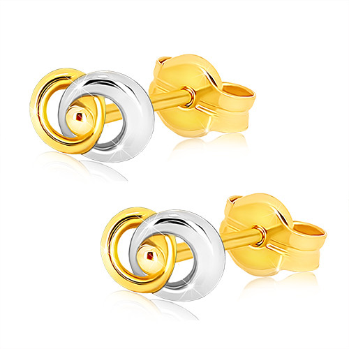 Ródiované dvojfarebné náušnice v 9K zlate - dva prepojené prstence GG33.14