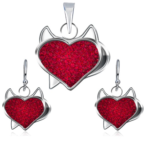 Strieborný set 925 prívesku a náušníc - červené zirkónové srdce