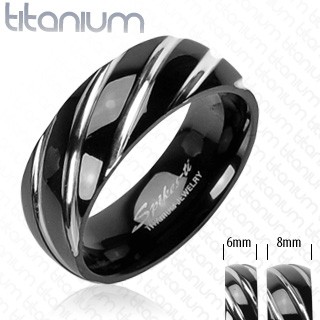 Titánový prsteň čiernej farby - úzke šikmé zárezy v striebornom odtieni B1.6 - Veľkosť: 70 mm