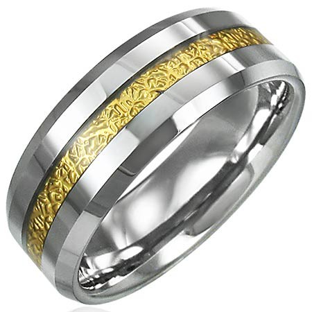 Tungstenový prsteň so vzorovaným pruhom zlatej farby