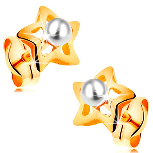 Zlaté 14K náušnice - ligotavé hviezdičky s bielou perličkou v strede GG161.13