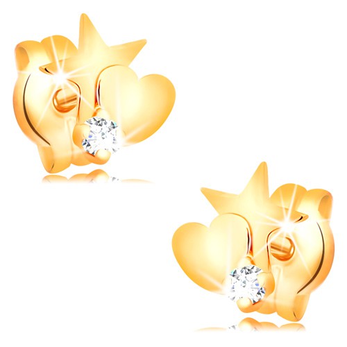 Zlaté diamantové náušnice 585 - hviezda a srdce