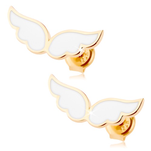 Zlaté náušnice 375 - anjelské krídla zdobené bielou glazúrou