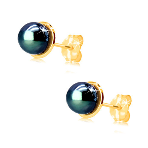 Zlaté náušnice 585 - malý lesklý kruh s modrou guľatou perlou