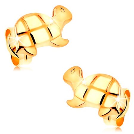 Zlaté puzetové náušnice 585 - lesklá korytnačka s gravírovanými detailmi GG161.05