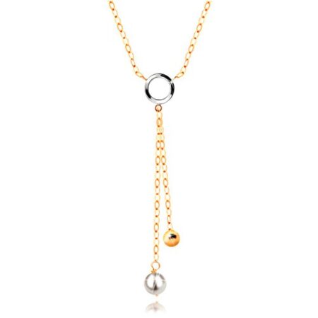 Zlatý 14K náhrdelník - biela perla a lesklá guľôčka na retiazkach S3GG208.09