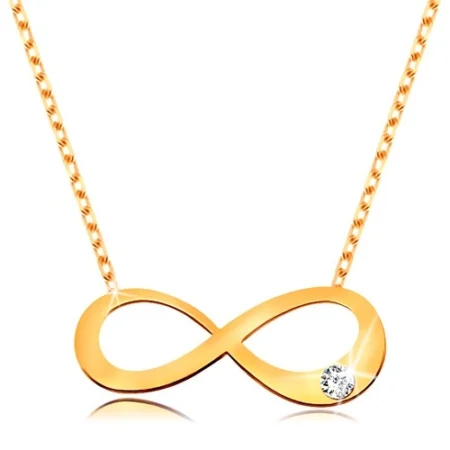 Zlatý 14K náhrdelník - plochý symbol nekonečna s čírym briliantom