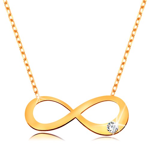 Zlatý 14K náhrdelník - plochý symbol nekonečna s čírym briliantom