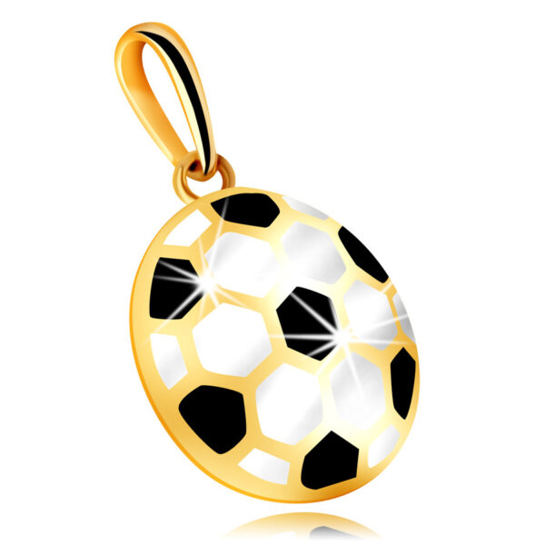 Zlatý 14K prívesok - vypuklá futbalová lopta s čiernou a bielou glazúrou
