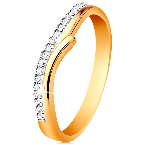 Zlatý 14K prsteň s rozdelenými dvojfarebnými ramenami
