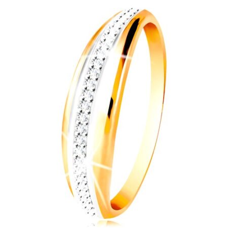 Zlatý 14K prsteň - vypuklý pás s líniou bieleho zlata a čírych zirkónov S3GG214.51/57 - Veľkosť: 60 mm