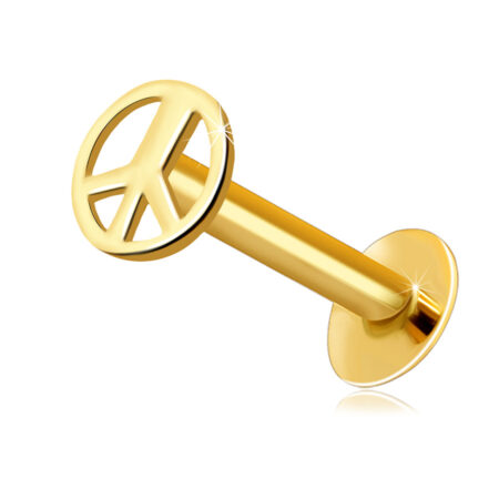 Zlatý 9K piercing do pery a brady - okrúhly symbol mieru