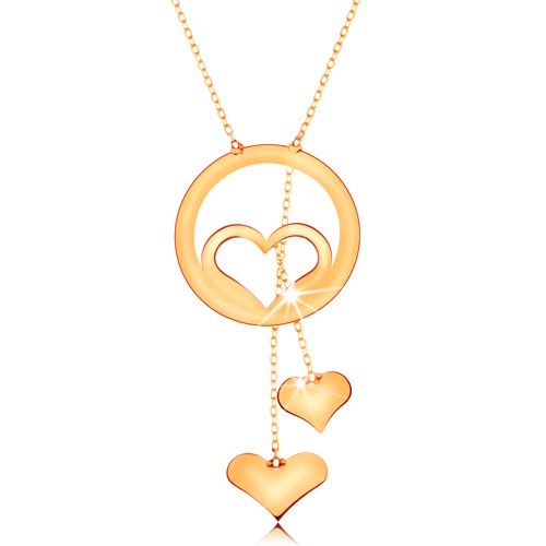 Zlatý náhrdelník 585 - kontúra srdca v obruči a dve visiace srdiečka na retiazkach GG160.04