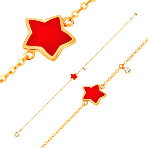 Zlatý náramok 585 s príveskami - hviezda s červenou glazúrou