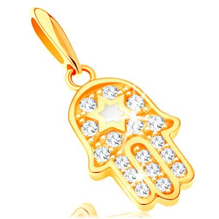 Zlatý prívesok 585 - symbol Hamsa s čírymi zirkónmi a bielou hviezdou GG121.10