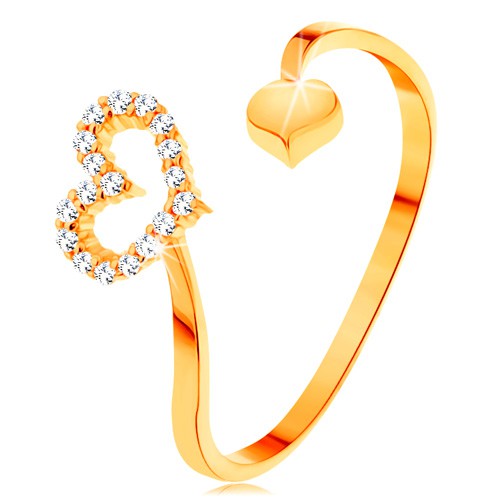 Zlatý prsteň 585 - zvlnené ramená ukončené obrysom srdca a plným srdiečkom S3GG154.36/42/155.77/81 - Veľkosť: 64 mm